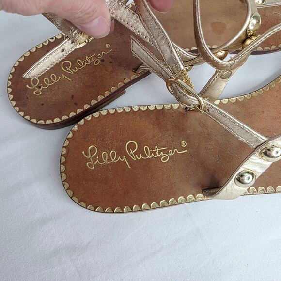Lilly Pulitzer Gold Leather Studded Open Toe Summer Thong Strappy Sandals Size 9 - Picture 4 of 10